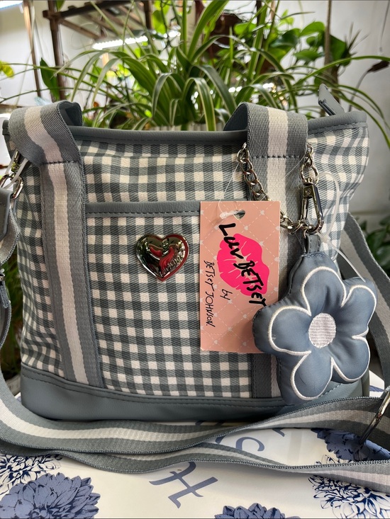 Handbags - Betsey Johnson NWT Light Blue Gingham Tote with Flower Charm
